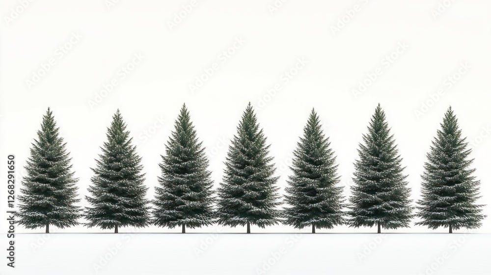 Obraz premium Snowy evergreens row, winter landscape, white background, Christmas card