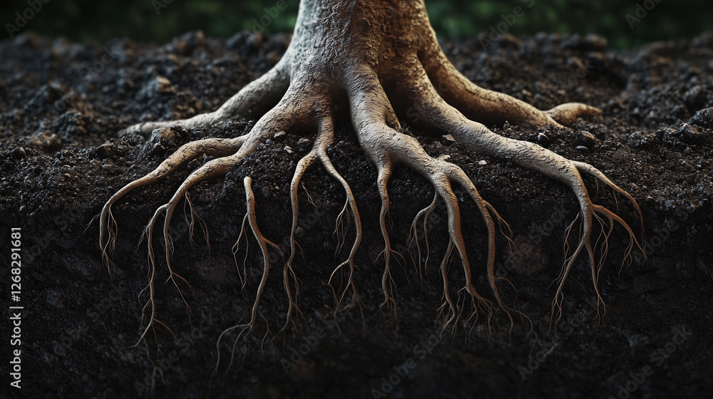 Intricate Tree Roots, Deeply Embedded in Dark Soil Intricate Tree Roots, Deeply Embedded in Dark Soil