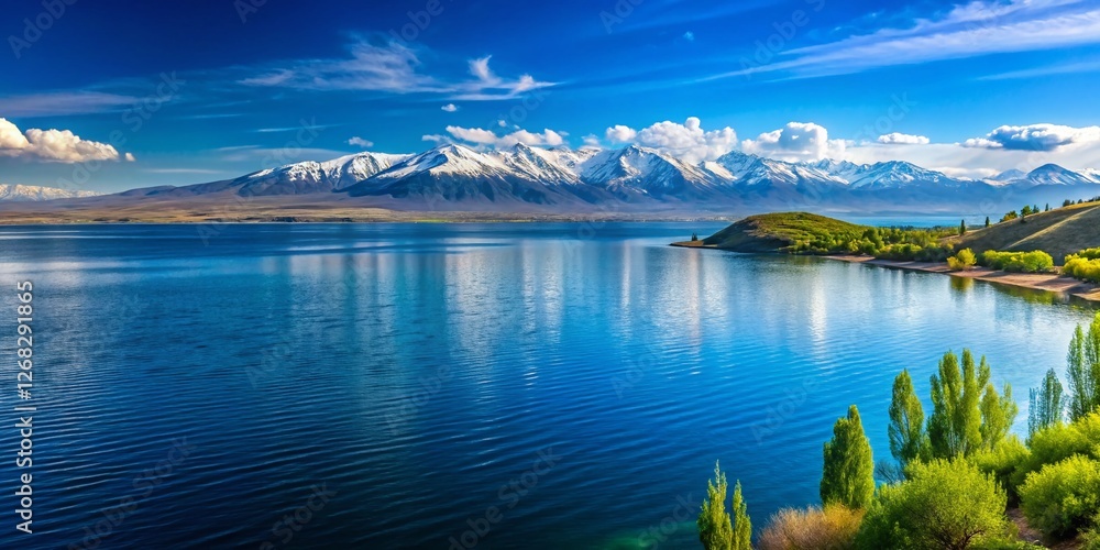 Obraz premium Stunning Lake Sevan Panorama: Majestic Mountains & Azure Waters - Armenia Stock Photo