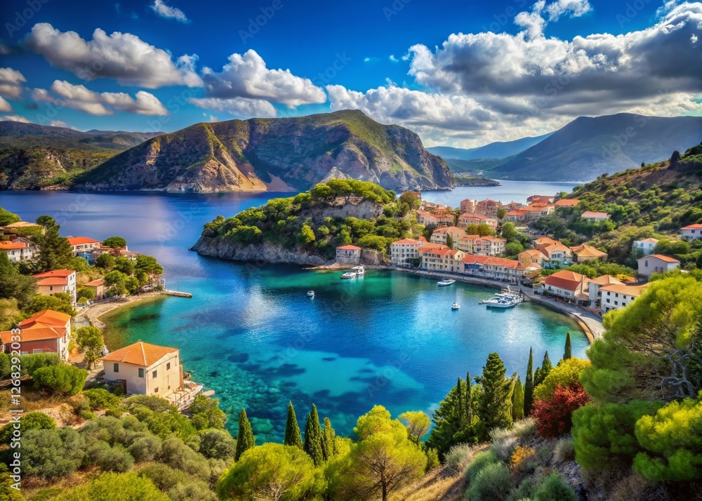 Fototapeta premium Stunning panoramic view of Assos Bay, Kefalonia, Greece from the hills. Breathtaking coastal scenery, idyllic Greek village, turquoise waters.