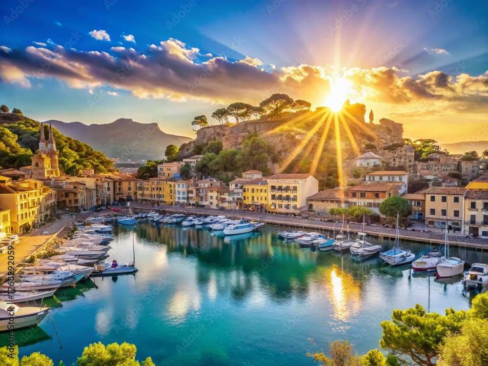Fototapeta premium Stunning Panoramic View of Port de Soller, Mallorca - Sunny Weekend Scene