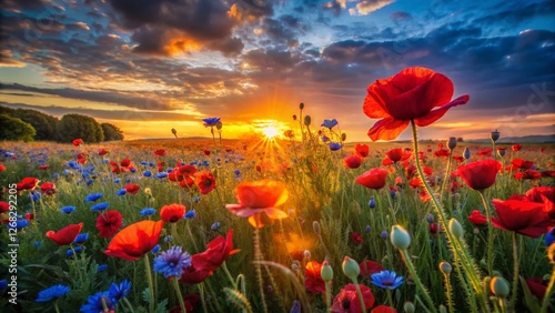 Stunning Summer Sunset Meadow Poppy Field Night Photography