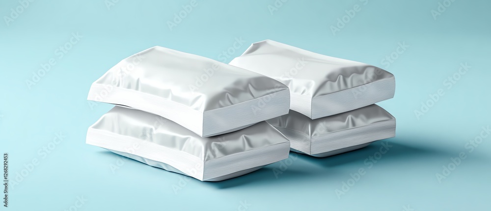 White sachet stack mockup, sleek design, realistic creases, clean and sharp topview perspective, soft shadows, highdefinition lighting White sachet stack mockup, sleek design, realistic creases, clean and sharp topview perspective, soft shadows, highdefinition lighting