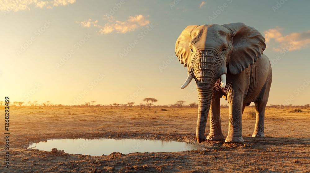 Fototapeta premium Elephant drinking at sunset in African savanna