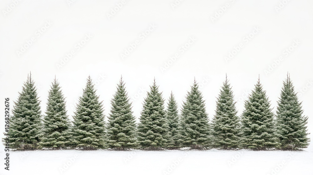 Obraz premium Snowy Christmas trees row, winter wonderland, white background, holiday card