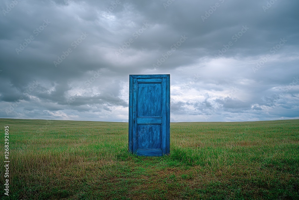 Blue wooden door in open grassland under stormy sky with symbolic light portal, contrasting hope and mystery concepts for book covers, website headers, and wall art decor. Blue wooden door in open grassland under stormy sky with symbolic light portal, contrasting hope and mystery concepts for book covers, website headers, and wall art decor.