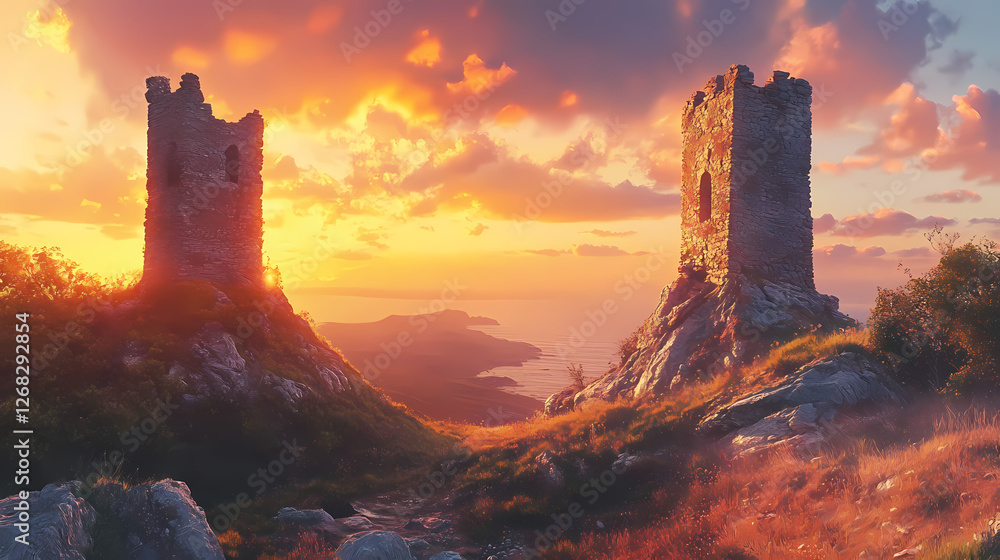 Fototapeta premium Two ancient stone towers stand on a hilltop overlooking a valley and the sea at sunset. Eternal Sunset Valleys. Illustration