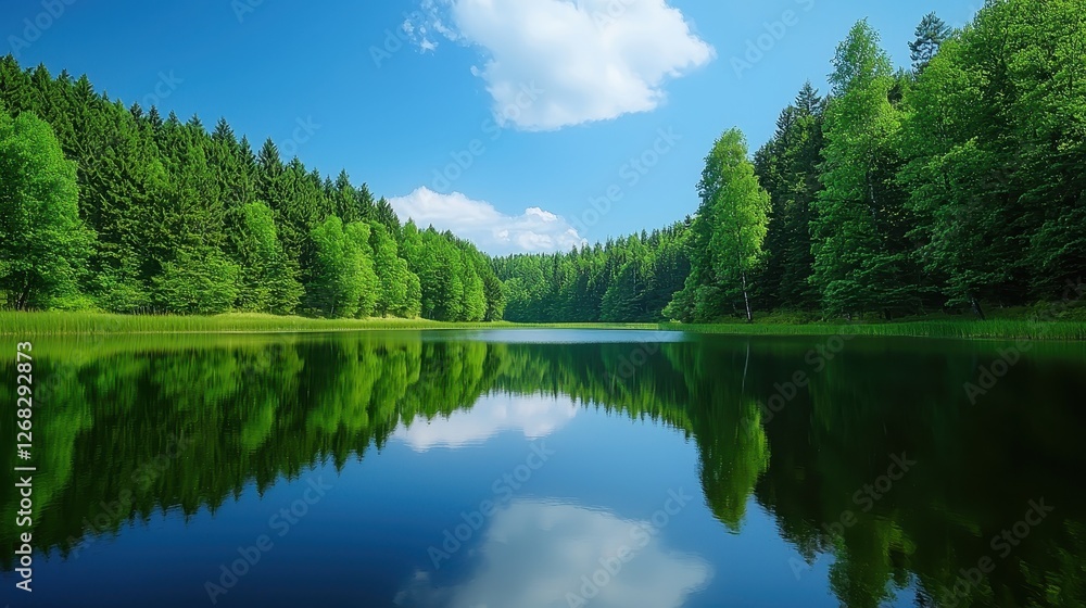 Calm lake reflecting a lush green forest under blue sky Calm lake reflecting a lush green forest under blue sky