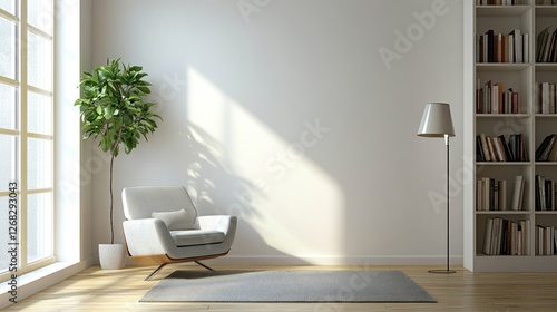 Sunlit modern living room armchair, bookshelves, interior design