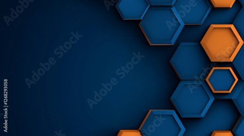 A modern design featuring overlapping hexagons in blue and orange against a dark background, creating a dynamic geometric pattern.