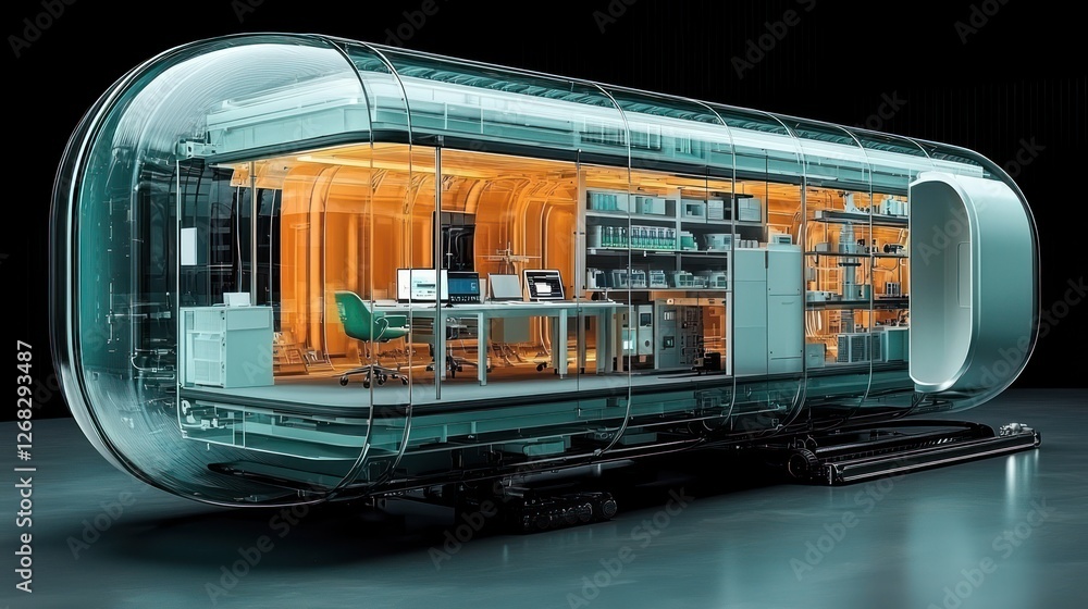 Obraz premium Futuristic Capsule Office: A Transparent Mobile Workspace