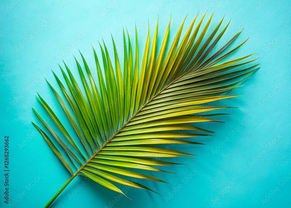 Fototapeta premium Summer Palm Leaf Background: Tropical Top View Coconut Frond on Light Blue for Design
