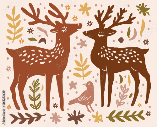 Scandinavian Folk Deer Botanical Illustration Boho Cute Flat Drawing Vector Elements