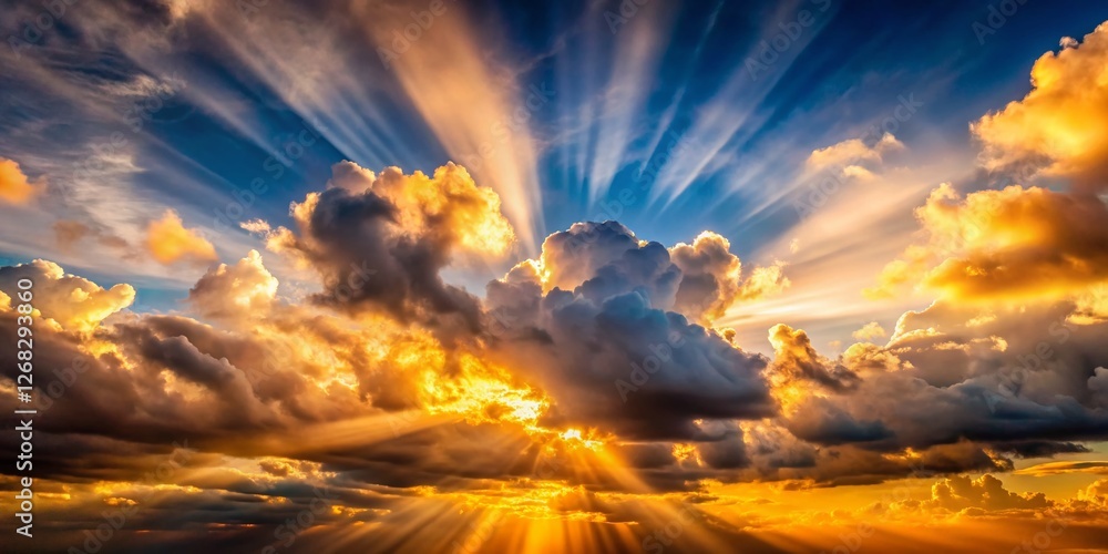 Fototapeta premium Sunbeams Burst Through Dramatic Cloudscape - Long Exposure Photography
