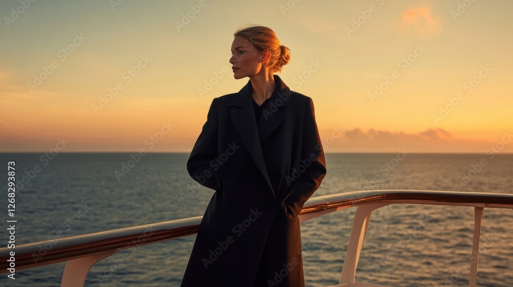 Fototapeta premium Woman standing on a cruise deck, admiring a Mediterranean sunset's warm hues.