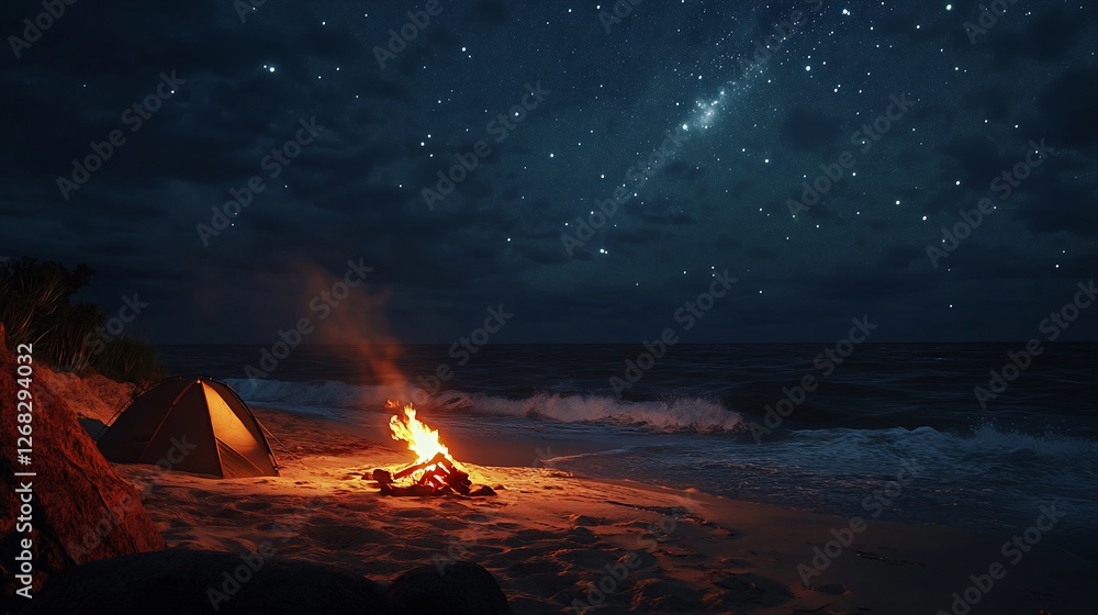 Campfire on beach at night under starry sky. (1) Campfire on beach at night under starry sky. (1)