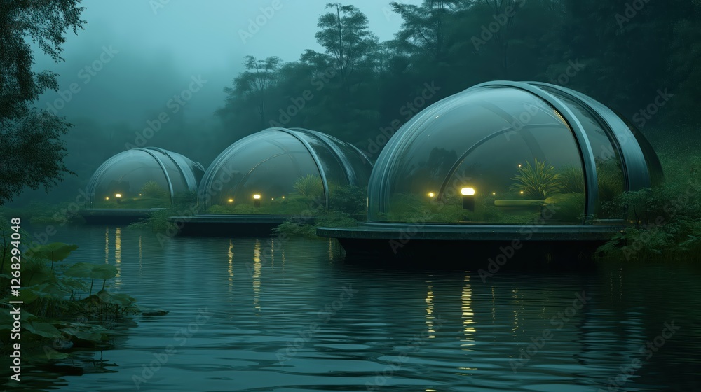 Obraz premium Futuristic Domes on a Misty River at Twilight. Keywords dome, futuristic, architecture, geodesic, r