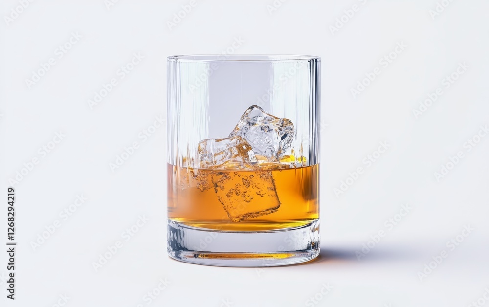 Glass of Whiskey with Ice Cubes on White Background Glass of Whiskey with Ice Cubes on White Background