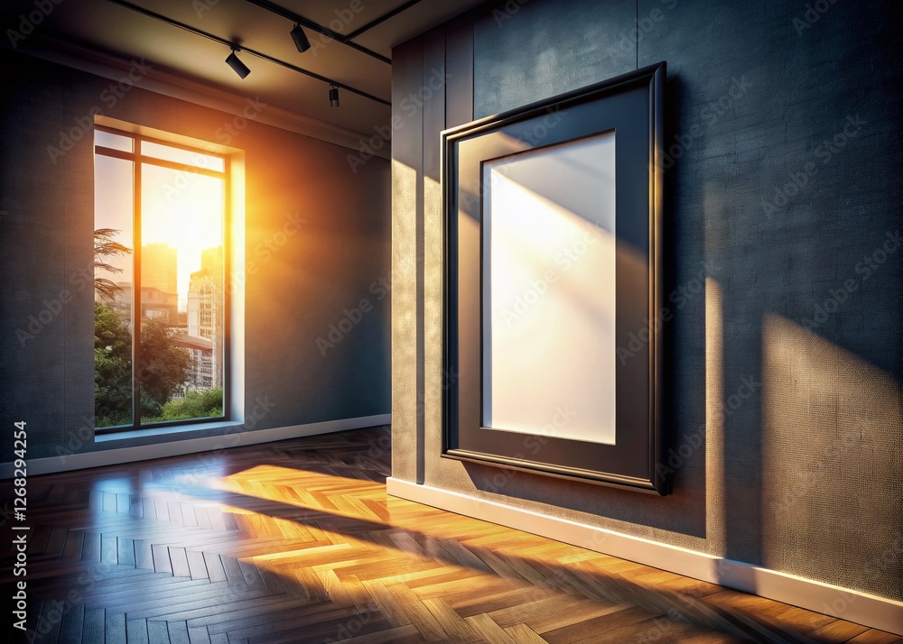 Fototapeta premium Sunlight Illuminates Blank Framed Poster in Modern Art Gallery Exhibition