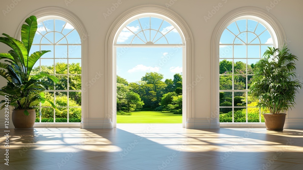 Fototapeta premium Elegant Room with Arched Windows and Lush Greenery