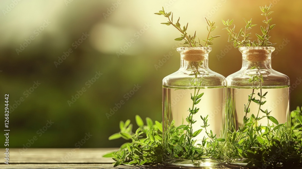 Thyme Essential Oil in Glass Bottles Spa Aromatherapy Natural Remedy Herbal Treatment Thyme Essential Oil in Glass Bottles Spa Aromatherapy Natural Remedy Herbal Treatment