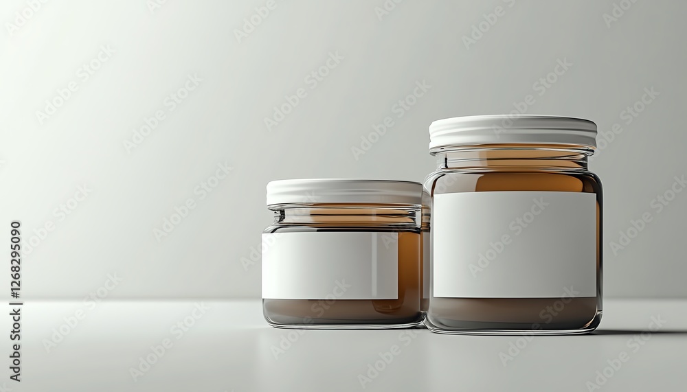 Premium small glass jar mockup with white label, sleek modern design, soft lighting, realistic label texture, photorealistic rendering, ultraHD quality Premium small glass jar mockup with white label, sleek modern design, soft lighting, realistic label texture, photorealistic rendering, ultraHD quality