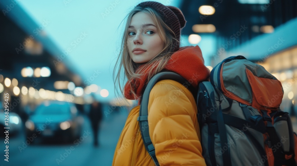 Young woman with a backpack standing at the airport, ready for travel. Young woman with a backpack standing at the airport, ready for travel.