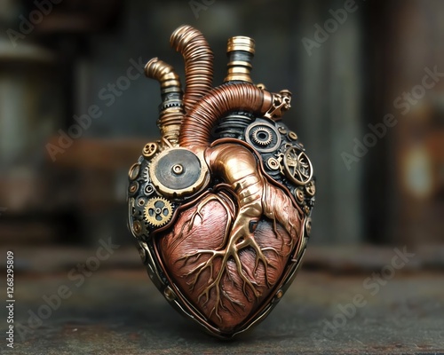 Human anatomyinspired steampunk heart, gears, pipes, and mechanical elements, industrial design, detailed brass components, steampowered aesthetic photo