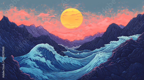 Eternal swell, delving into the mastery of hokusai's 'great wave' masterpiece. Eternal Sunset Valleys. Illustration photo