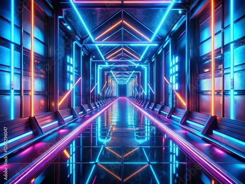Surreal 3D Blue Neon Corridor: Abstract Digital Art Stock Photo
