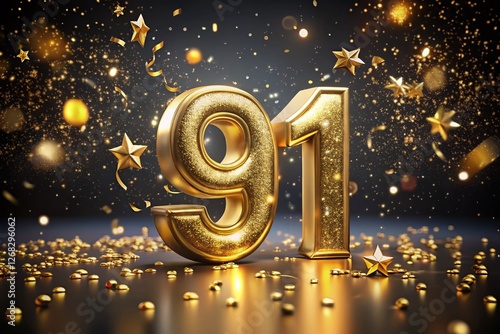 Surreal 3D Gold Number 91 Birthday Celebration - Festive Stock Photo