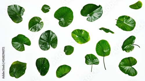  Green Tropical Leaves Floating Against a White Background, Symbolizing Freshness and Natural Beauty