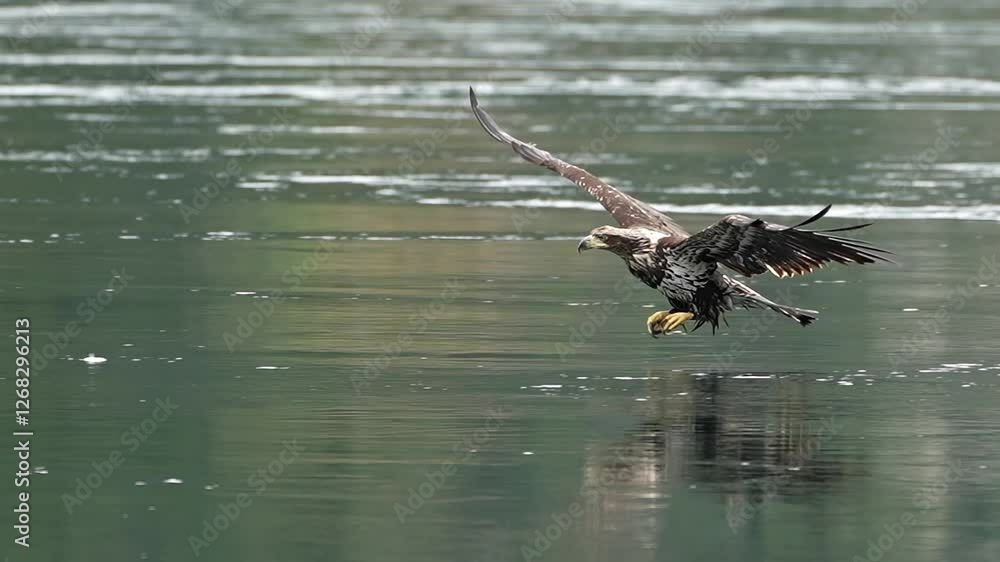 juvenile bald eagle glides in to catch and eat a fish while flying in slow motion