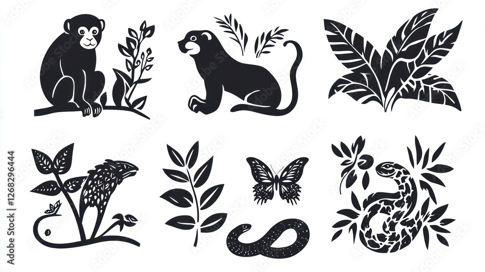 Obraz premium Tropical rainforest animals and plants; design elements