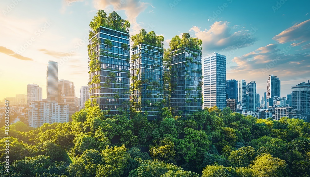 Obraz premium City landscape with urban greenery, parks and trees amidst modern buildings, green spaces blending with architecture, ecofriendly urban design