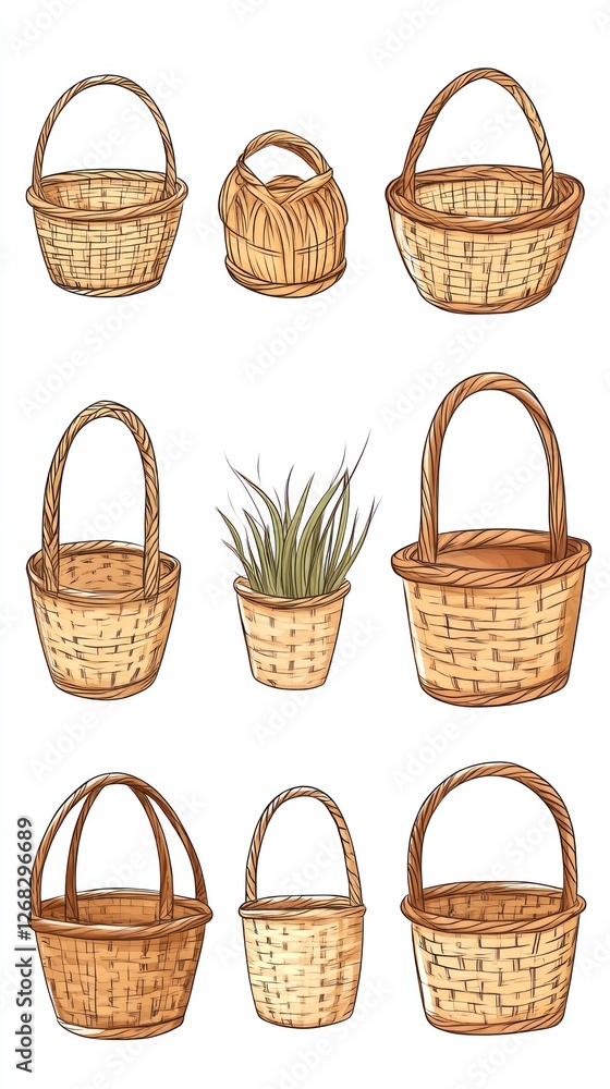 Set of hand drawn straw wicker baskets Set of hand drawn straw wicker baskets