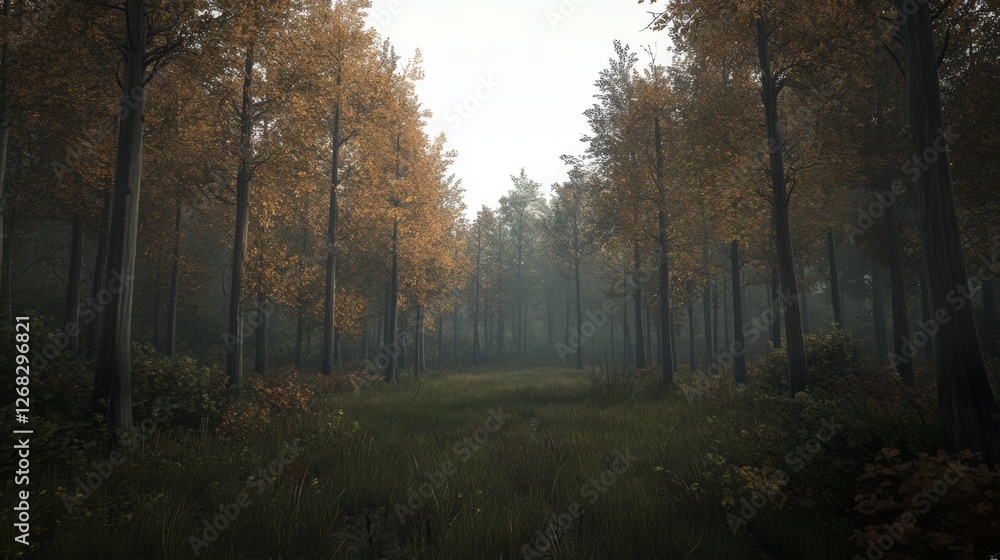 Foggy Autumn Forest Path - Tranquil Woodscape for Background Use Foggy Autumn Forest Path - Tranquil Woodscape for Background Use