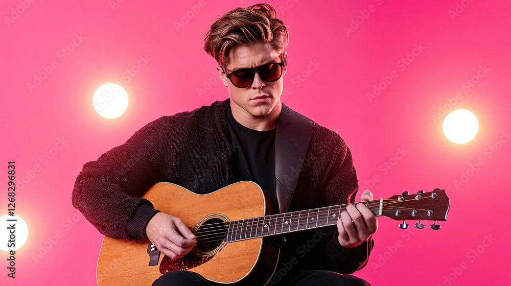Obraz premium A musician plays an acoustic guitar against a vibrant pink background, wearing sunglasses and a stylish black sweater.