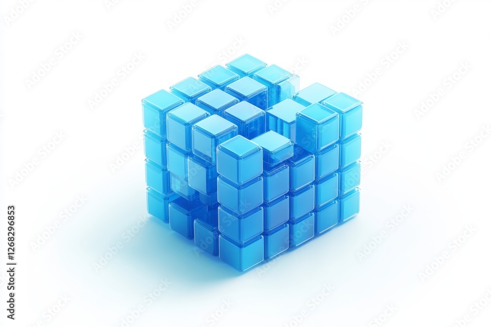 Blue glass cube puzzle, assembling, white background, 3D render, tech concept Blue glass cube puzzle, assembling, white background, 3D render, tech concept