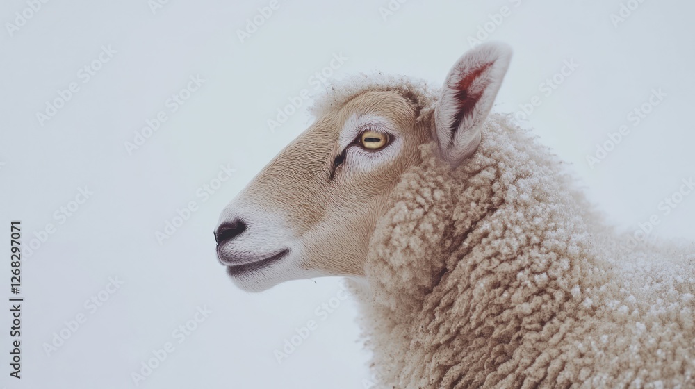 Obraz premium Sheep Profile, Winter Farm, Snow Background, Agriculture