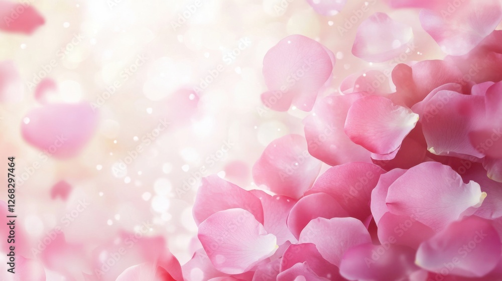 Pink rose petals scattered, creating a romantic celebration backdrop. Pink rose petals scattered, creating a romantic celebration backdrop.
