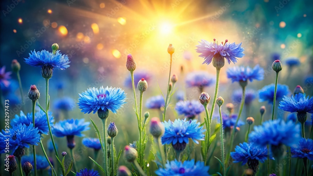 Fototapeta premium Surreal Cornflower Dreamscape: Ethereal Blooms in a Subdued Garden
