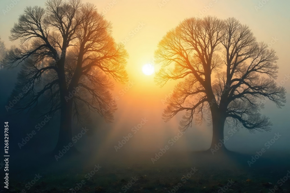 Fototapeta premium Morning sun peeks through foggy veil on tree tops, branches, autumn trees