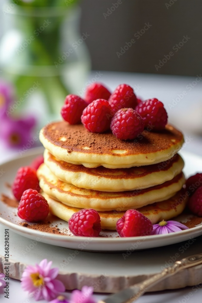 Plate of fluffy pancakes topped with cocoa sprinkles, fresh raspberries, and scattered chamomile flowers, raspberries, dessert Plate of fluffy pancakes topped with cocoa sprinkles, fresh raspberries, and scattered chamomile flowers, raspberries, dessert