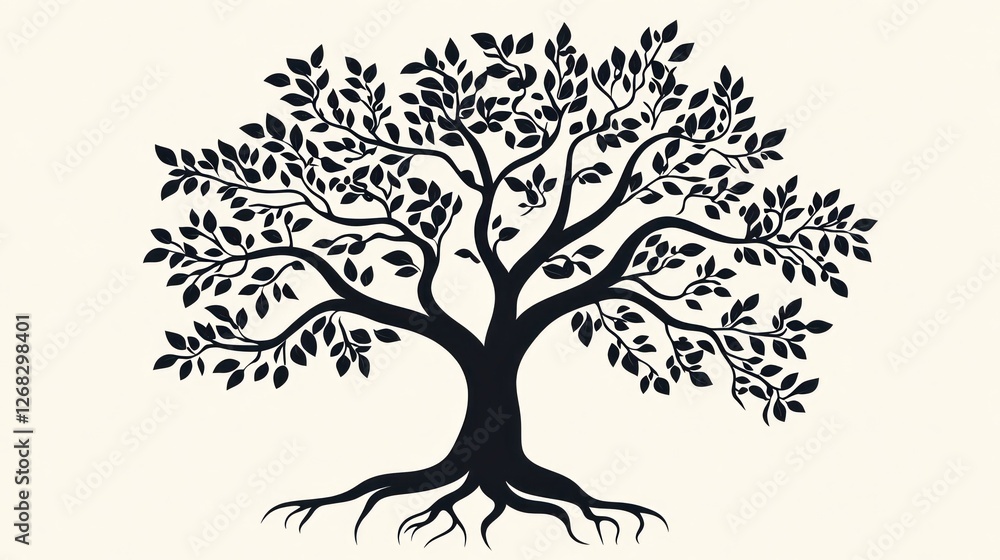 Fototapeta premium Lush tree silhouette, roots, leaves, nature, growth, design element