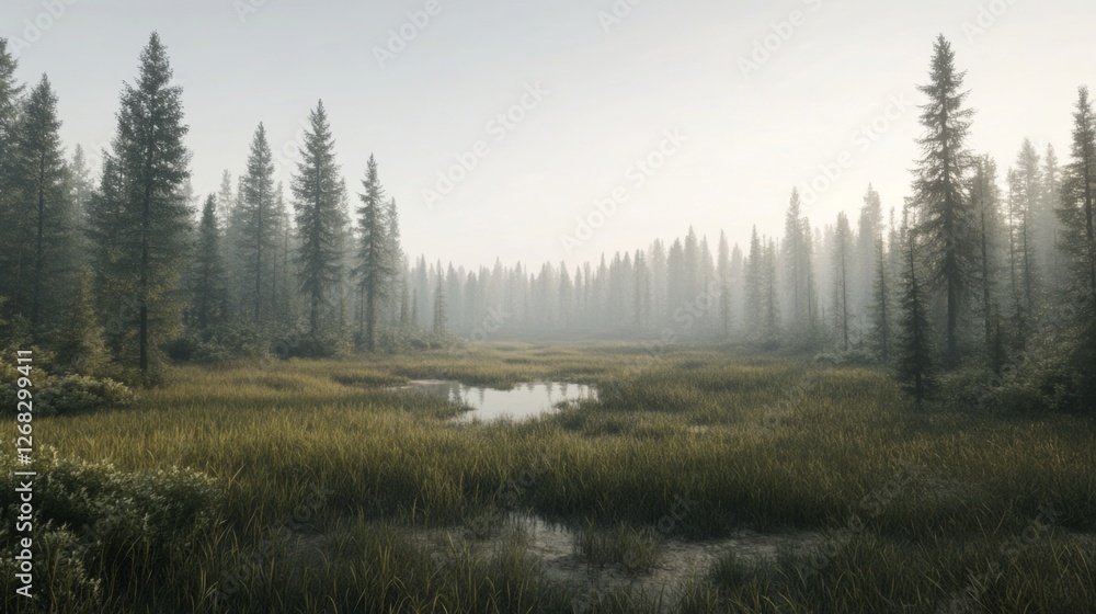 Fototapeta premium Serene morning landscape featuring a misty wetland surrounded by tall pine trees and grasses