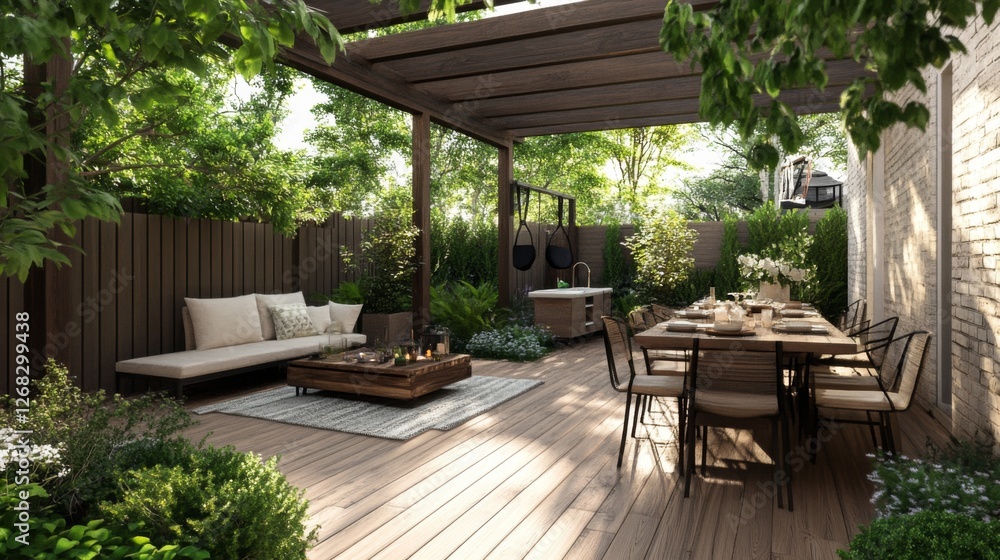 Serene outdoor dining area with wooden pergola, lush greenery, and a cozy seating arrangement Serene outdoor dining area with wooden pergola, lush greenery, and a cozy seating arrangement