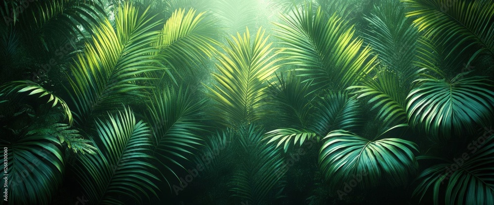 Lush Green Tropical Jungle Vegetation with Dense Foliage and Bright Sunlight Lush Green Tropical Jungle Vegetation with Dense Foliage and Bright Sunlight
