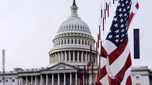 US Capitol Building  American Flag  Stock Market Graph  Political Economy Image