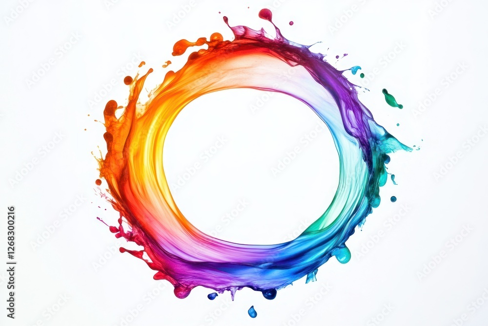 Abstract circle liquid motion flow explosion. Curved wave colorful pattern with paint drops on white background Abstract circle liquid motion flow explosion. Curved wave colorful pattern with paint drops on white background